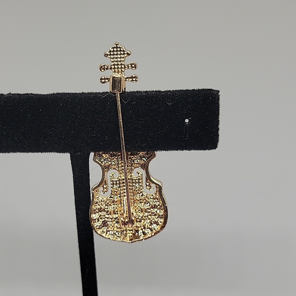 Violin Rhinestone Gold Tone 2" Pin - Picture 2 of 2